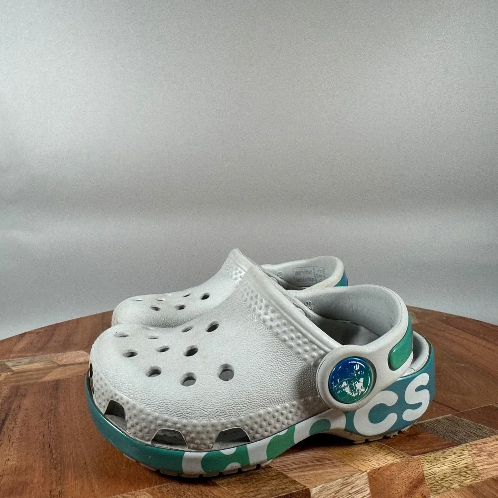Crocs Kids Bayaband Logo Clog White Teal Iridescent Size C4 Toddler‎ Shoes